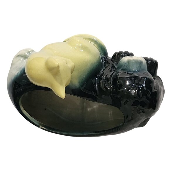 VTG MCM Ceramic Dog & Cat Planter Figurine 7X5" Tall Black & Yellow Design - Picture 2 of 8